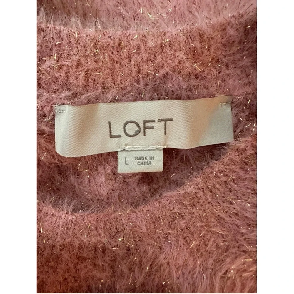 LOFT Women's Pink Fuzzy Knit Crewneck Sweater‎ Sparkle Metallic Gold L